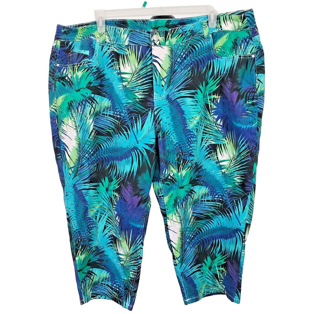 Catherines Tummy Control Capri Pants 28W Blue Green Floral Tropical Crop Pant